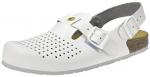 Preview: The shoe is a white slipper with open sides and holes for ventilation. It has two adjustable straps and a bright, non-slip sole. The shape is comfortable and practical.