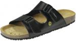 Preview: The image shows a black slipper with two wide straps and Velcro fastenings. The sole is light brown and has small holes, the edge is slightly raised. Ideal for everyday use.