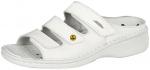 Preview: The shoe is a white, open sandal with a flat heel. It has three adjustable Velcro straps on the top and a padded insole for comfort.