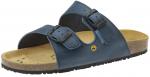 Preview: The image shows a dark blue slide sandal with two adjustable straps and buckles. The sole is made of brown cork, with a non-slip, black rubber sole.