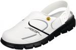 Preview: Der Schuh ist ein weißer Clogs mit einem elastischen Riemen hinten. Die Sohle ist schwarz und profiliert. Auf der Oberseite sind dezente Linien und das Wort 