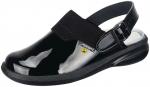 Preview: The shoe is a black clog with a shiny surface. It has a wide, elastic strap over the instep and an adjustable buckle at the heel. The sole is thick and lightweight.