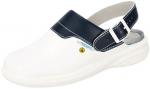 Preview: The shoe is a white clog made from lightweight material with a black, padded strap. It has a buckle on the side and a non-slip sole. Ideal for the workplace.
