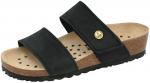 Preview: The shoe is a black sandal with two wide straps. The bottom is made of brown cork with holes for ventilation. The sole is flexible and has a non-slip surface.