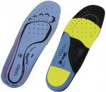 Preview: Das Bild zeigt eine Paar Schuhsohlen. Eine Seite ist blau mit einer Fußform und vielen Löchern für Belüftung. Die andere Seite ist schwarz mit gelben und blauen Akzenten.