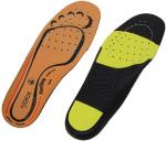 Preview: Das Bild zeigt zwei Schuhsohlen. Eine Seite ist orange mit einer strukturierten Oberfläche, die andere ist schwarz mit einem gelben Bereich und kleinen Löchern für Belüftung.