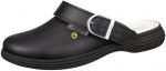 Preview: Der Schuh ist ein schwarzer Clog mit einer schlichten Form. Er hat einen verstellbaren Riemen aus Leder, der über den Spann verläuft. Die Sohle ist dick und leicht gewellt.