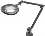 Preview: The image shows a black magnifying glass with a flexible arm. The magnifying glass is round and has a clear lens. The arm is mounted on a stable, rectangular base.