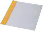 Preview: The image shows a clear plastic folder with a yellow tab on the top side. The folder is rectangular and flat, with a smooth surface.