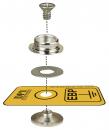 Preview: Das Bild zeigt eine technische Baugruppe bestehend aus fünf Teilen: einer Schraube, einer Metallhülse, einer Unterlegscheibe, einer gelben Plakette mit einem Loch in der Mitte und einer weiteren Metallbasis.