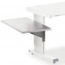 Preview: The image shows a modern, height-adjustable desk with a white tabletop. Below it is a silver, extendable tray table that is mounted on the side.