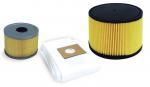 Preview: The image shows three air filters. The smallest is cylindrical with a gray rim, the middle one is also cylindrical, larger, and has yellow pleats. Next to it lies a flat, white filter.