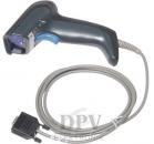 Preview: Das Bild zeigt einen Handscanner in Schwarz mit blauen Akzenten. Er hat einen langen Kabelanschluss, der zu einem rechteckigen Stecker führt. Ideal zum Scannen von Barcodes.
